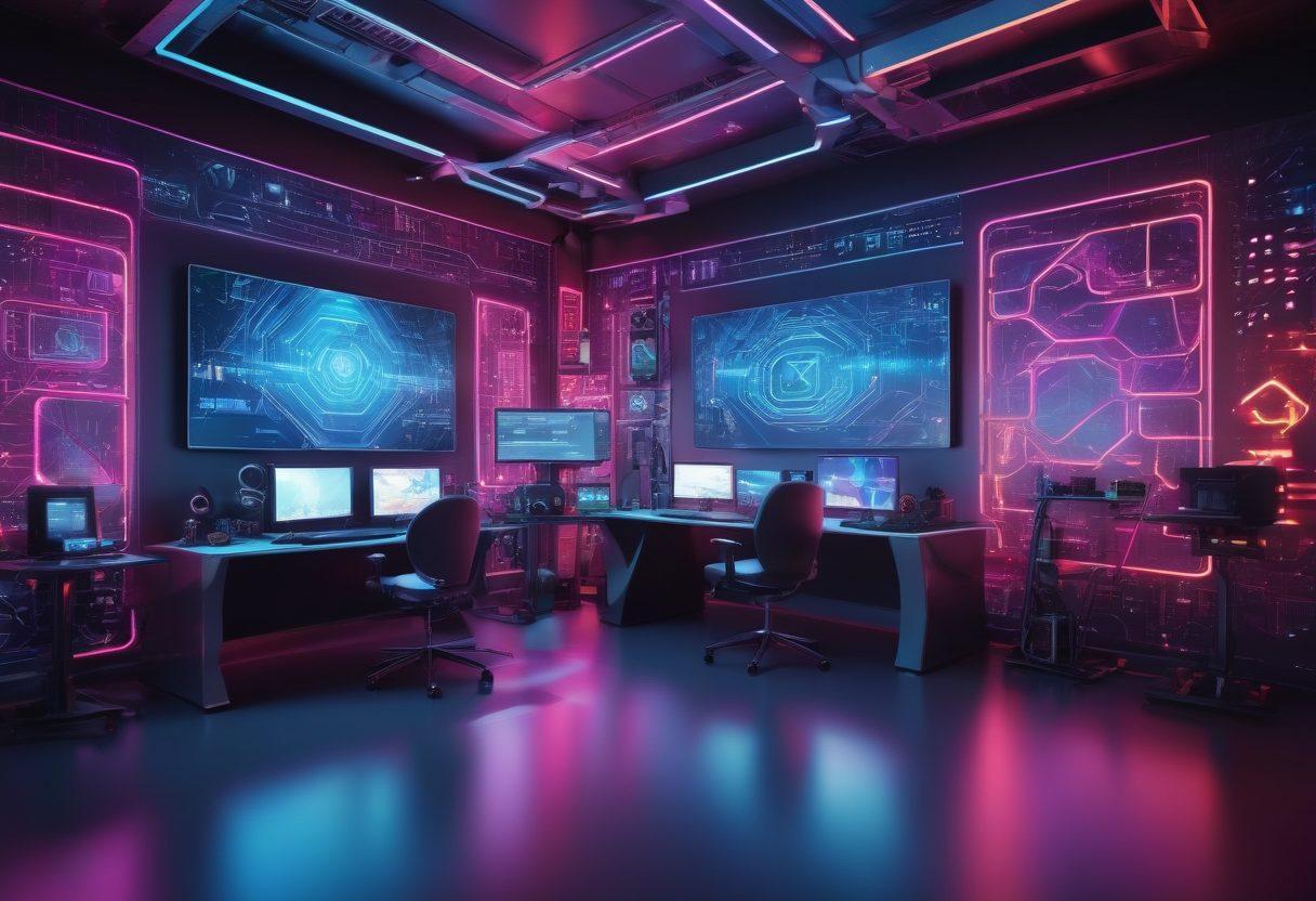 A futuristic workspace with a gamer setup, coding screens, and VR equipment, surrounded by holographic displays of various tech hobbies and digital games. The background shows a blend of colorful geometric patterns and binary codes. Cyber-cool vibe with vibrant neon colors. 3D rendering with dynamic lighting.