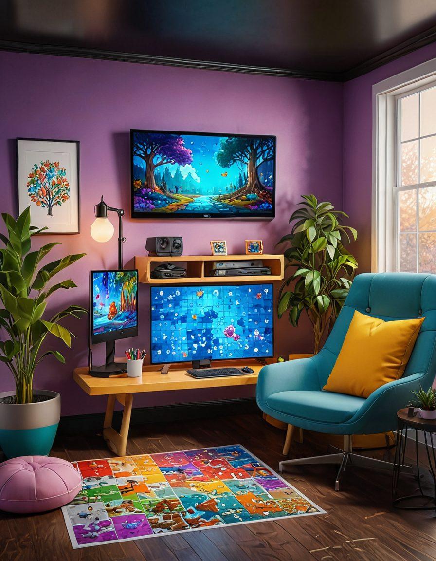 A lively computer screen displaying a variety of engaging activities: a vibrant puzzle game, a creative drawing app, a coding platform with colorful lines of code, and a dynamic virtual world. Background shows a cozy room with a gamer chair and room décor that emphasizes fun and creativity. super-realistic. vibrant colors.