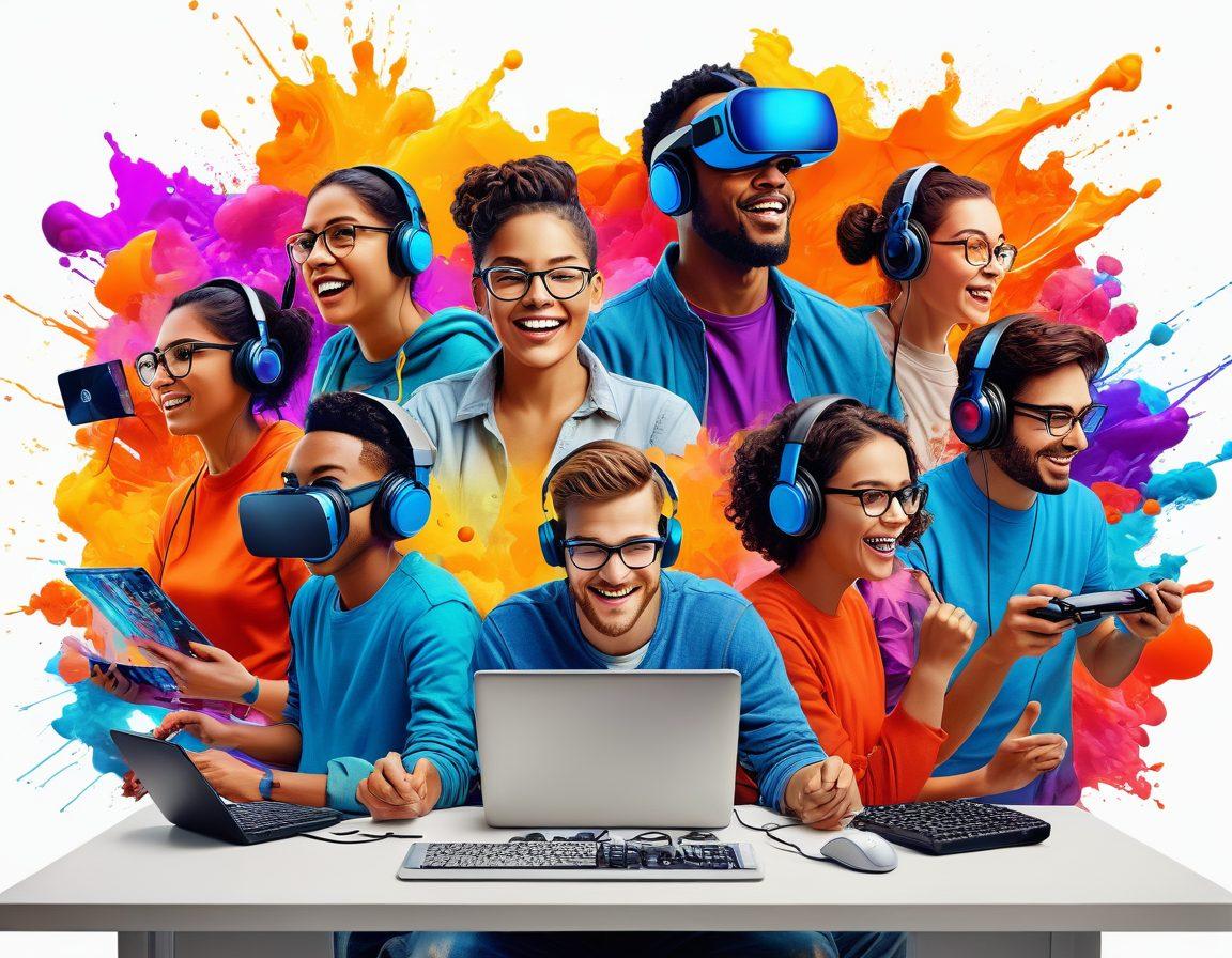 A vibrant collage of diverse computer-related activities: kids and adults playing exciting video games, engaging in coding and programming, creating digital art, exploring virtual reality with headsets, and participating in online group activities. Infuse energy, joy, and enthusiasm into the scene with bright, dynamic colors against a white background. super-realistic. vibrant colors. white background.